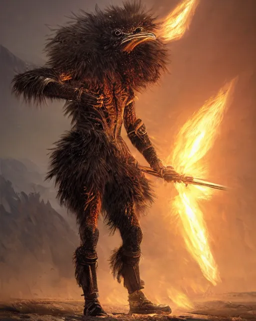 Prompt: oil painting of Angry Anthropomorphized Ostrich Berserker, wearing fur armor, claws, sharp focus, attack pose, fantasy style, octane render, volumetric lighting, 8k high definition, by greg rutkowski, highly detailed, trending on art Station, magic the gathering artwork, burning Battlefield background, centered