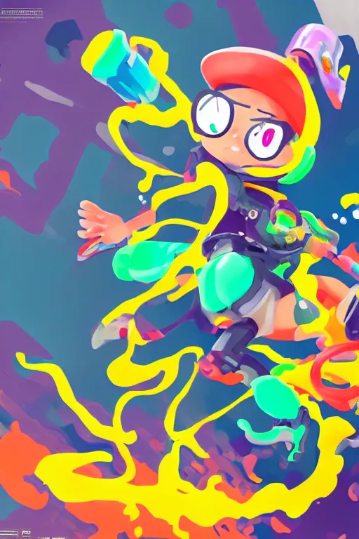 Image similar to splatoon nintendo dynamic poses digital painting on canvas, trending on artstation, featured on pixiv, cinematic composition, 8 k