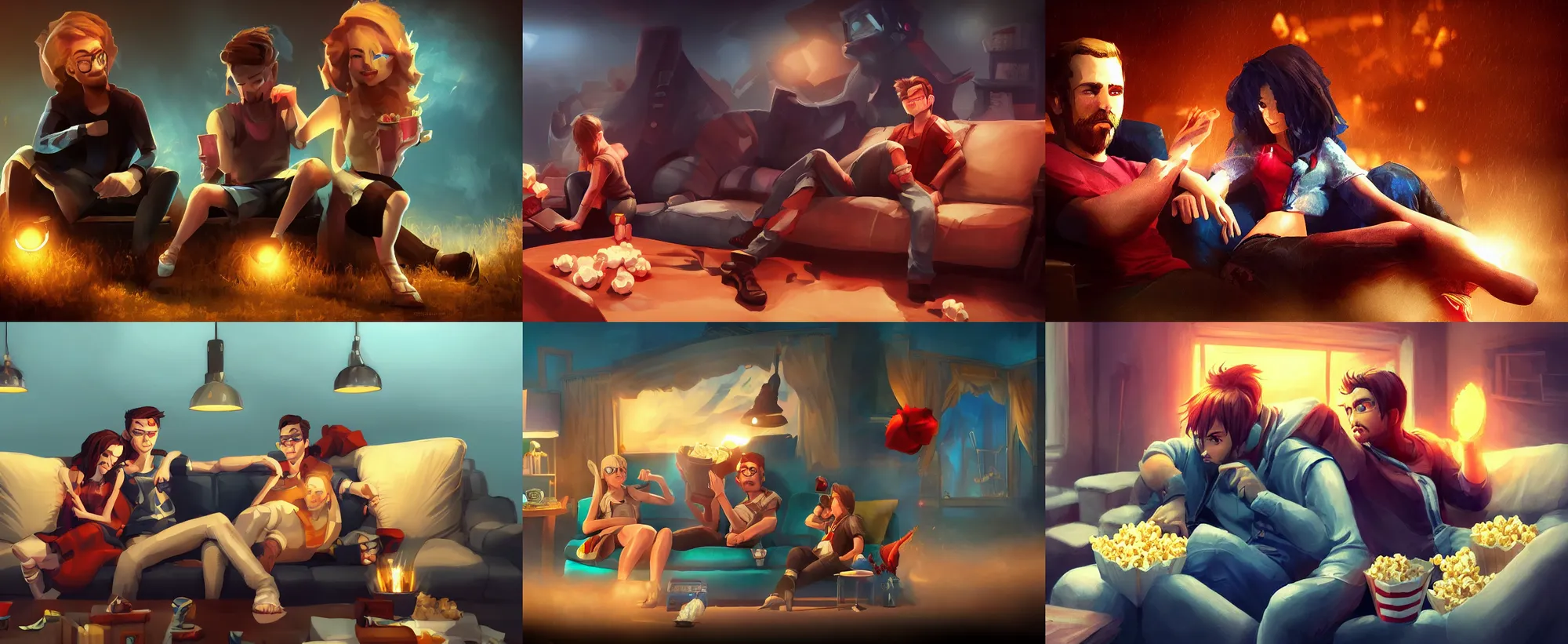 Prompt: a couple sitting on the couch watching movie with popcorn, dramatic lighting, digital art game splash screen for supercell, featured on artstation