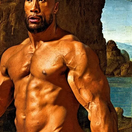 Prompt: The Rock Dwayne Johnson as the Joconde, Leonardo Da Vinci, Renaissance painting