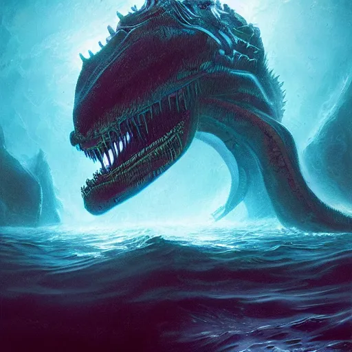 Prompt: sea beast of the depths in the style of michael whelan and h. p. lovecraft. hyperdetailed photorealism by greg rutkowski. glowing rich color