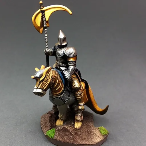 Prompt: D&D, high detail, miniature of medieval knight riding a dinosaur, heavy cavalry, Asgard rising, MyMiniFactory, 28mm scale