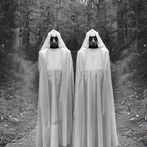 Image similar to award winning photo Floating twin nuns wearing translucent habits Very long arms, in a sanctuary, eerie, frightening —width 1024 —height 1024