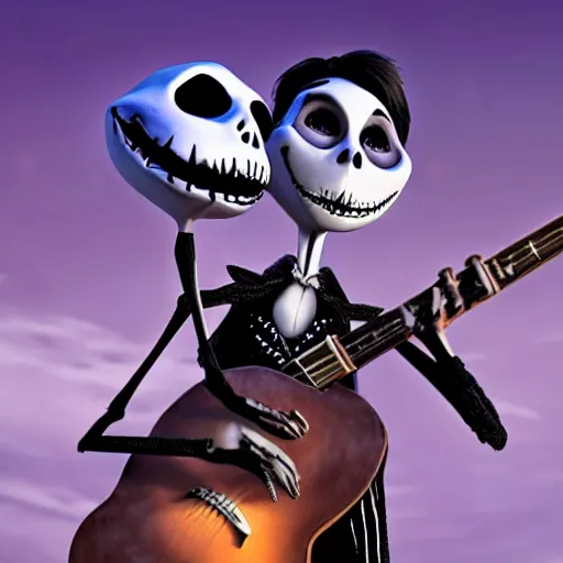 Prompt: jack skellington and miguel from coco playing guitars, high detail, movie still, cinematic, brooding,