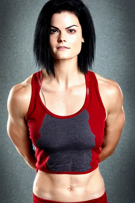 Prompt: realistic photograph. warrior woman, 2 7 years old, in her bedclothes : tight, white tanktop lose, comfortable, red pajama pants. jaimie alexander. her hair is short, straight, raven - black. fair - complected but tan. tall and gracile, except for her thick ripped vascular buff muscular arms and her ample bust.