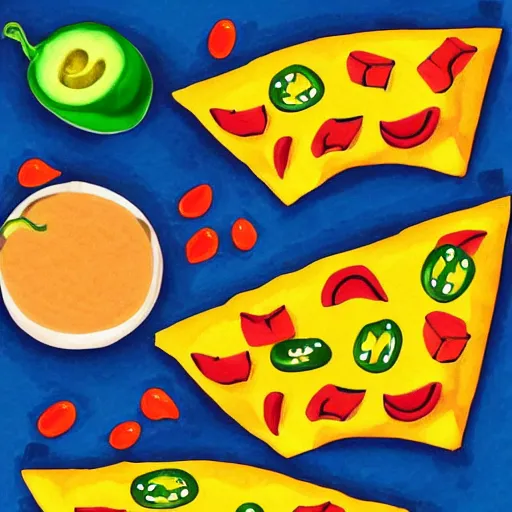 Image similar to drawing of nachos with cheese and jalapeno illustrations, white background, drawing, cartoon, in the style of shyama golden