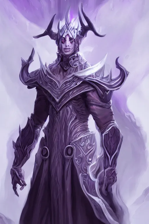 Image similar to man male demon, full body white purple cloak, warlock, character concept art, costume design, illustration, black eyes, white horns, trending on artstation, Artgerm , WLOP