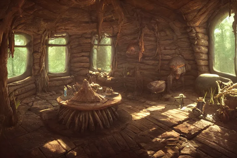 Image similar to Interior of a witches hut, 3d scene, render, ultra realistic, zenith view, Greg Rutkowski, artstation, cgsociety, level design, unreal engine mushroom goblin sweeps floor, cauldron boils over, 3d scene, render, ultra realistic, zenith view, Enki Bilal style