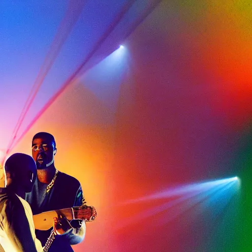 Prompt: a photo of kanye west and kid cudi singing in the middle of a garden, dramatic, ektachrome, vintage, wide angle, warm color palette, light mode, 2. 5 - dimensional, 1 6 k, ultra - hd, megapixel, cga, rays of shimmering light, mist, screen space reflections