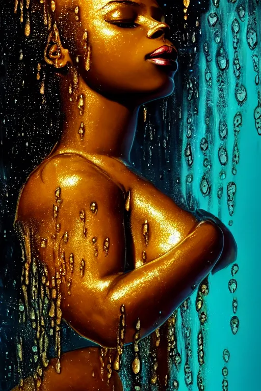 Prompt: hyperrealistic post - romantic cinematic very expressive! black oshun goddess, in water up to her shoulders, mirror dripping droplet!, gold flowers, highly detailed face, digital art masterpiece, smooth eric zener cam de leon chiaroscuro pearlescent teal light, tilt angle uhd 8 k, sharp focus