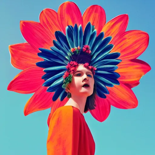 Image similar to giant flower head, full body, girl standing in hotel, surreal, symmetry, mid century, bright colours, blue sky, realistic, wes anderson