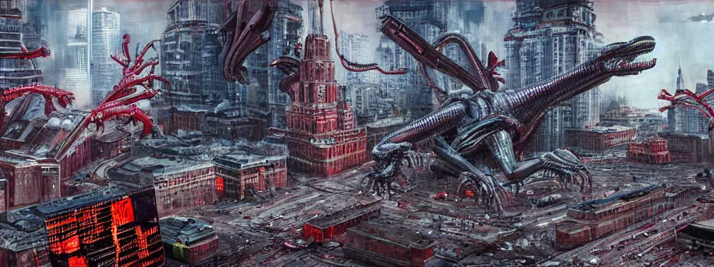 Image similar to alien predator attacks moscow red square. extreme long shot. cyberpunk art. high detail