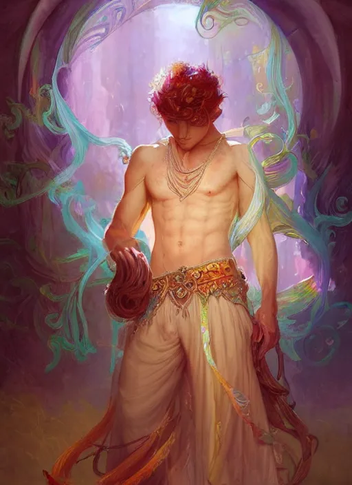 Prompt: a beautiful detailed painting of a gypsy male bard in colorful rainbow firion ornate robes robes, pale skin, white hair, master of dreams art by jon foster trending on artstation painted by greg rutkowski, painted by peter mohrbacher