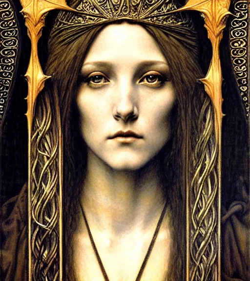 Image similar to detailed realistic beautiful young medieval queen face portrait by jean delville, gustave dore and marco mazzoni, art nouveau, symbolist, visionary, gothic, pre - raphaelite. horizontal symmetry