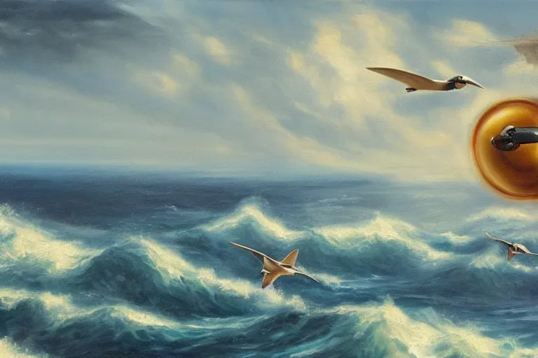 Prompt: two flying saucers battling over the ocean. high detailed oil painting. dramatic.