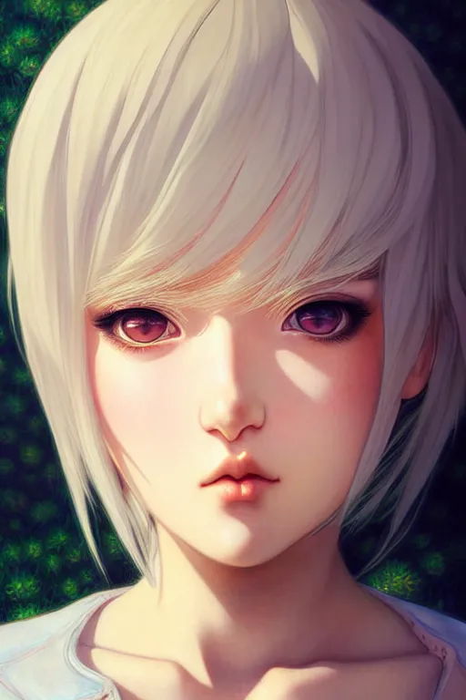 Image similar to portrait Anime girl, cute-fine-face, white-hair pretty face, realistic shaded Perfect face, fine details. Anime. realistic shaded lighting by Ilya Kuvshinov and Gustav Klimt