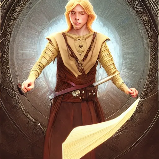 Prompt: an epic fantasy comic book style portrait painting of a young blonde boy wearing plain thief clothes, d & d, fantasy, intricate, elegant, highly detailed, digital painting, artstation, concept art, matte, sharp focus, illustration, art by artgerm and greg rutkowski and alphonse mucha, wheel of time style