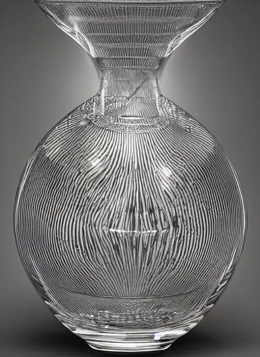 Image similar to Vase in the shape of impossible geometry by Escher, designed by Rene Lalique, found in a sunken ship treasure, 200 BCE