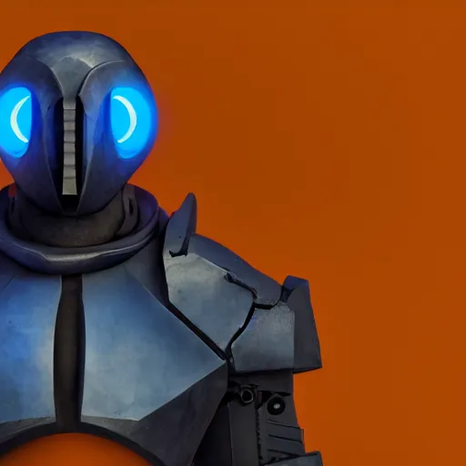 Image similar to award - winning. trending on artstation. 4 k. a faceless warforged figure wearing a hooded cape made of the night sky with 1 dark blue glowing eye on its face. full - body.