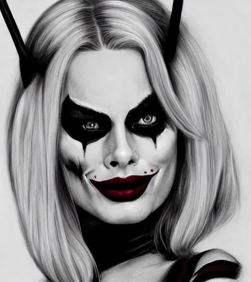 Prompt: a realism drawing of beautiful margot robbie as harley quinn portrait with joker makeup, in the style of den yakovlev, realistic face, black and white, realism, hyper realistic, highly detailed