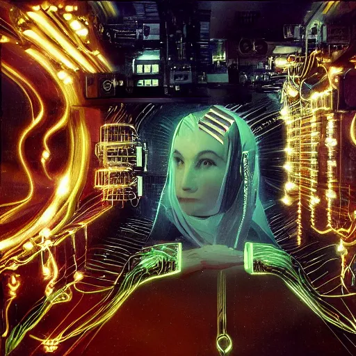 Image similar to the ethereal queen of technology bestows the gift of circuits to humanity. matte painting. fantastic.