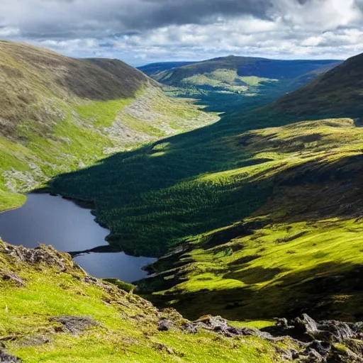 Image similar to view from the top of a scottish mountain towards a lush valley