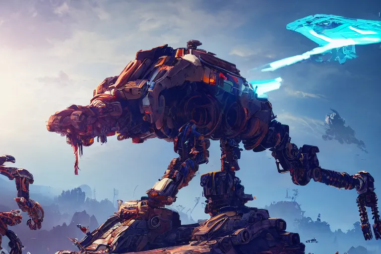 Image similar to scrapper machine mecanical creature robot of horizon forbidden west horizon zero dawn radiating a glowing aura global illumination ray tracing hdr fanart arstation by ian pesty and alena aenami artworks in 4 k