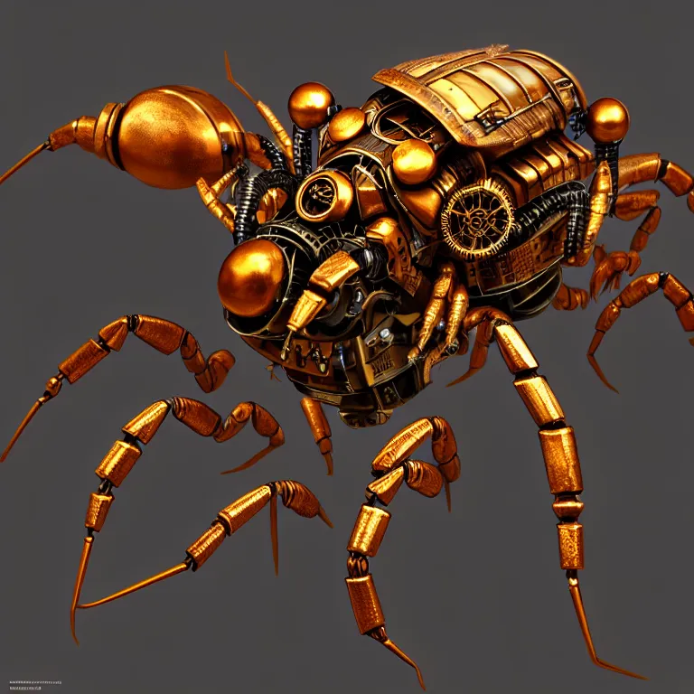 Image similar to steampunk robot scorpion, 3 d model, unreal engine realistic render, 8 k, micro detail, intricate, elegant, highly detailed, centered, digital painting, artstation, smooth, sharp focus, illustration, artgerm, wlop