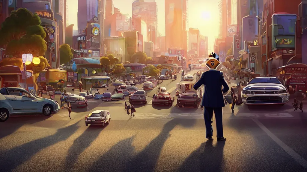 Image similar to An anthropomorphic raccoon businessman is walking down a busy crosswalk at sunset, warm lighting with an orange glow blanketing the cityscape, zootopia, other anthropomorphic characters are walking by him, extremely detailed, HDR, sideview, solemn and moody, many cars and animal people in the background, detailed face and eyes, visible pupils, the ground is wet with many rain puddles, reflections from the water on the ground, shadows are being cast from the cars and people walking around