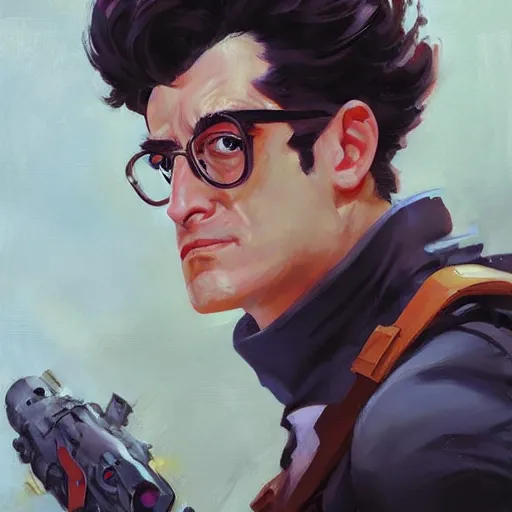 Image similar to greg manchess portrait painting of armored dr. egon spengler as overwatch character, medium shot, asymmetrical, profile picture, organic painting, sunny day, matte painting, bold shapes, hard edges, street art, trending on artstation, by huang guangjian and gil elvgren and sachin teng