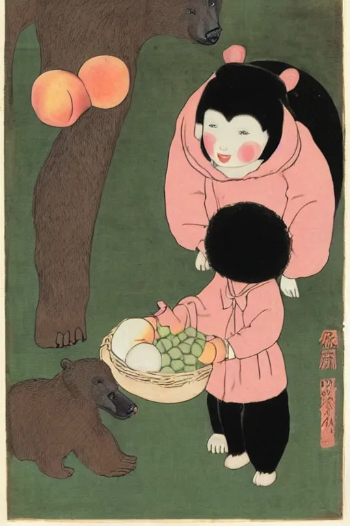 Image similar to portrait of a girl giving a peach to a large anthropomorphic asian black bear, in the style of foujita tsuguharu