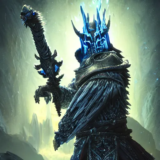 Image similar to the lich king in ark survival evolved, au naturel, hyper detailed, digital art, trending in artstation, cinematic lighting, studio quality, smooth render, unreal engine 5 rendered, octane rendered, art style by klimt and nixeu and ian sprigger and wlop and krenz cushart