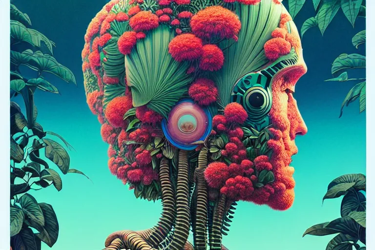 Image similar to gigantic robot head, a lot of exotic vegetation, trees, flowers by moebius, junji ito, tristan eaton, victo ngai, artgerm, rhads, ross draws, hyperrealism, intricate detailed, risograph