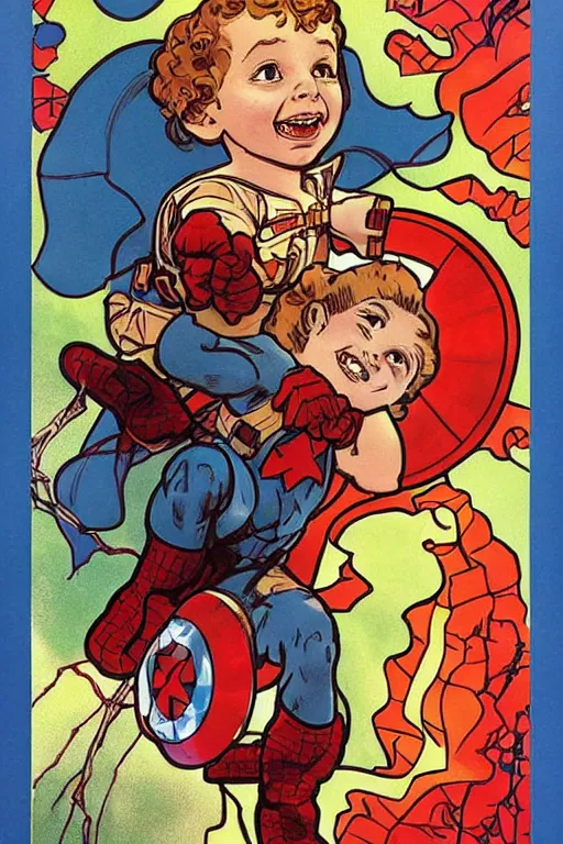 Image similar to a little girl with a mischievous face and light brown curly wavy hair. she is dressed as captain america, spider - man, batman, captain marvel, a superhero. clean elegant painting, beautiful detailed face. by steve ditko and jack kirby and alphonse mucha