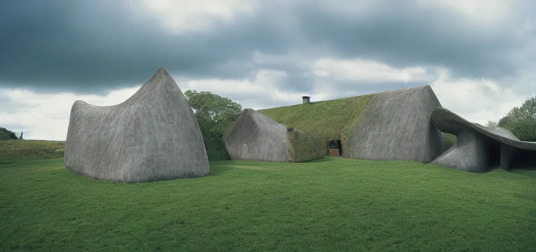 Image similar to scottish blackhouse designed by zaha hadid. outdoor landscaping designed by roberto burle marx. fujinon premista 1 9 - 4 5 mm t 2. 9. portra 8 0 0.