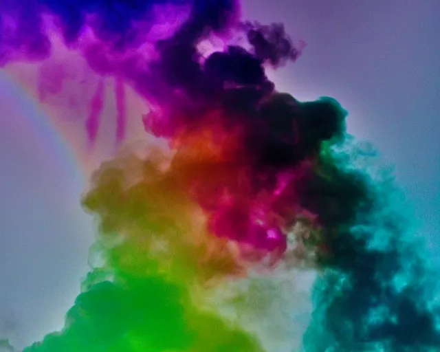 Prompt: rainbow tie dye smoke coming out of a blunt, muted primary colored rainbow, clouds, hippies