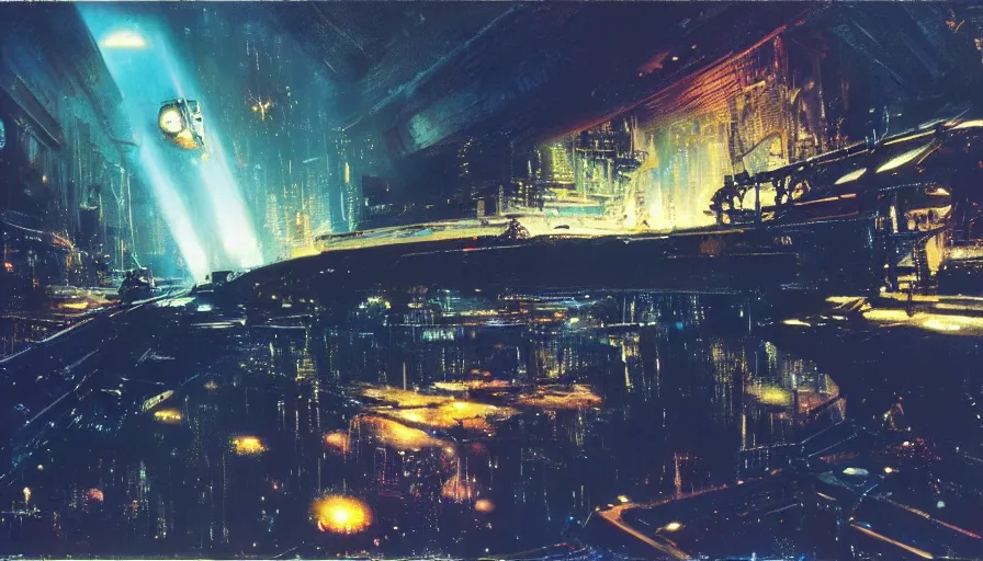 Image similar to c - beams glittering in the dark near the tannhauser gate by john harris and john berkey, matte, masterpiece, atmospheric, wide angle shot