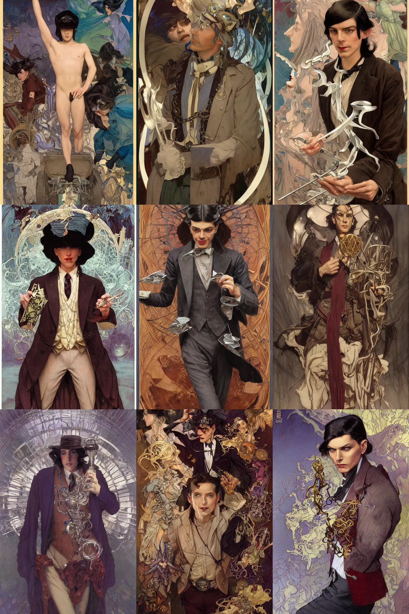 Prompt: thin male magician, long dark hair, silver, 1 9 2 0 s fashion, fantasy, art by joseph leyendecker, donato giancola, dean cornwell, peter mohrbacher, ruan jia, marc simonetti, ayami kojima, cedric peyravernay, alphonse mucha, thomas kinkade, victo ngai