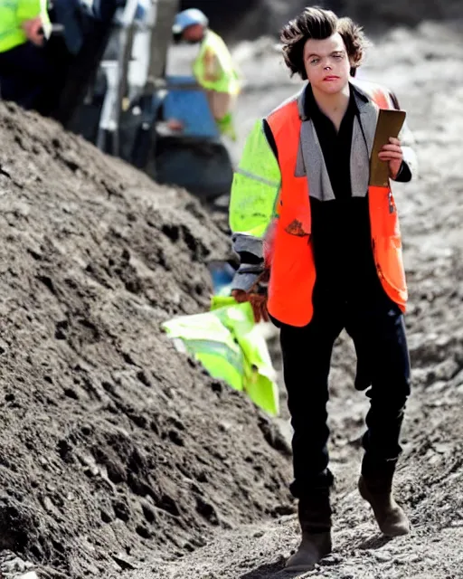 Image similar to glamorous harry styles working in a mine