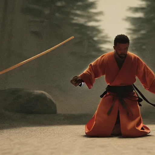 Image similar to cinematic film still J Cole starring as a Samurai holding fire, Japanese CGI, VFX, 2022, 40mm lens, shallow depth of field,film photography