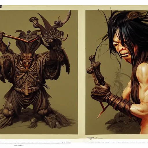 Image similar to quarter length portrait of a japanese hobgoblin, d & d, fantasy, greg rutkowski, frank frazetta, alexandre chaudret, boris vallejo, michael whelan, miro petrov, hr giger, magali villeneuve, donato giancola