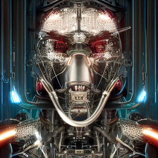 Prompt: 3 / 4 portrait of cybernetic chicken wearing epic bionic cyborg implants, wires, tubes, biomechanical details, prismatic highlights, depth of field, cinematic, macro, concept art, 5 0 mm, artstation, digital painting, elegant, focus, octane render, ray tracing, by h. r. giger