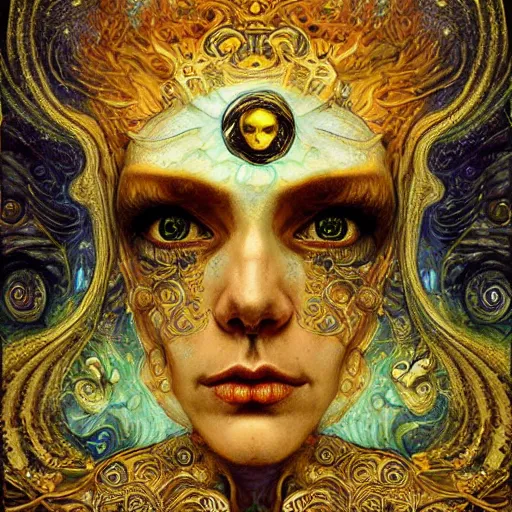 Image similar to Memento Mori by Karol Bak, Jean Deville, Gustav Klimt, and Vincent Van Gogh, beautiful visionary mystical portrait, otherworldly, fractal structures, ornate gilded medieval icon, third eye, spirals, beautiful ornate jeweled skull