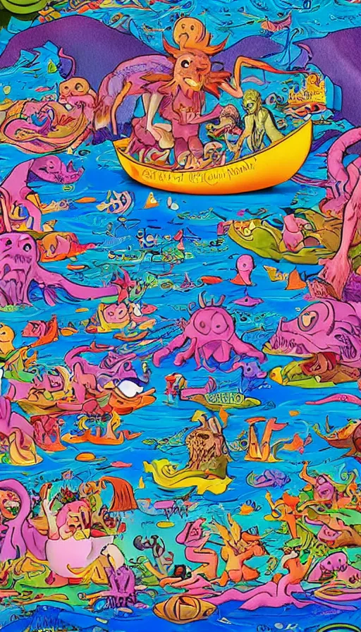 Image similar to man on boat crossing a body of water in hell with creatures in the water, sea of souls, by lisa frank,