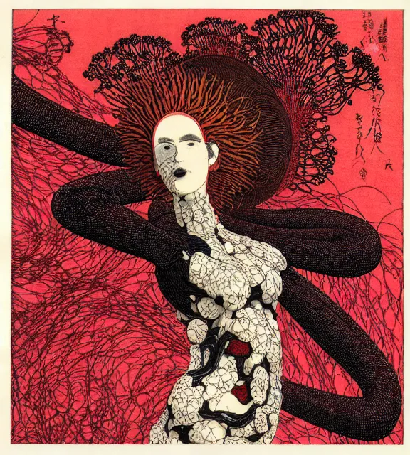 Image similar to still frame from Prometheus, gaia covered in crimson filament sowing in blosoming mycelium gardens, dressed by Neri Oxman and alexander mcqueen, metal couture haute couture editorial by utagawa kuniyoshi by giger
