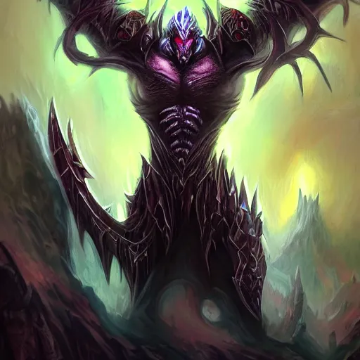 Image similar to Zovaal from world of warcraft in heavy armor, artstation hall of fame gallery, editors choice, #1 digital painting of all time, most beautiful image ever created, emotionally evocative, greatest art ever made, lifetime achievement magnum opus masterpiece, the most amazing breathtaking image with the deepest message ever painted, a thing of beauty beyond imagination or words