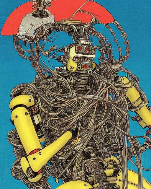 Image similar to Kuniyoshi portrait of a robot saint made of cables and robotic pod by Marc Silvestri