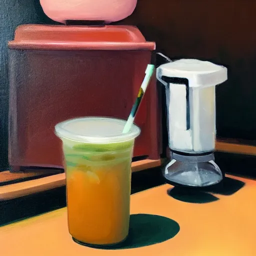 Prompt: still life of a boba tea next to a cash register on the counter, Noah Verrier, 2022, oil painting, muted lighting, award-winning, trending on twitter