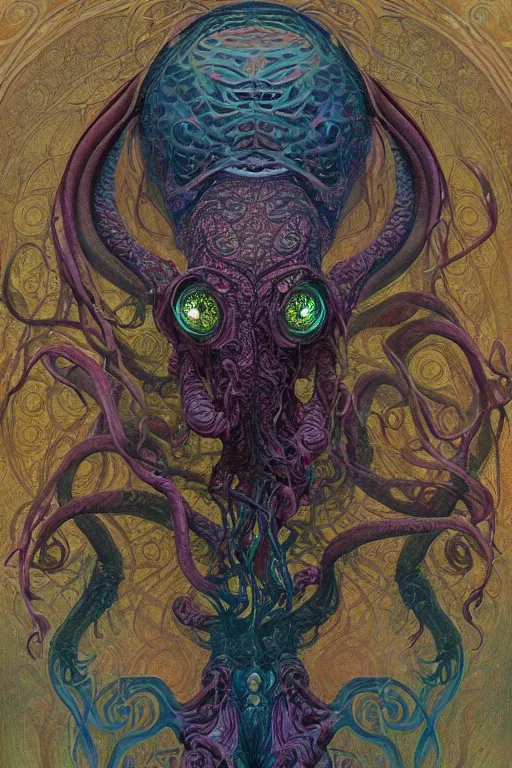 Image similar to psychedelic organic cthulhu mindflayer, gems jewels, diffuse lighting, fantasy, intricate, elegant, highly detailed, lifelike, photorealistic, digital painting, artstation, illustration, concept art, smooth, sharp focus, art by John Collier and Albert Aublet and Krenz Cushart and Artem Demura and Alphonse Mucha