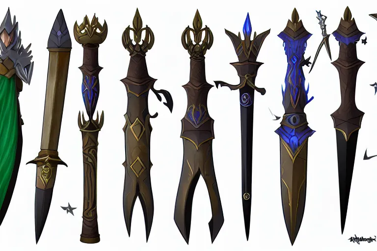 Image similar to design sheet of various magic fantasy weapons, varied colors